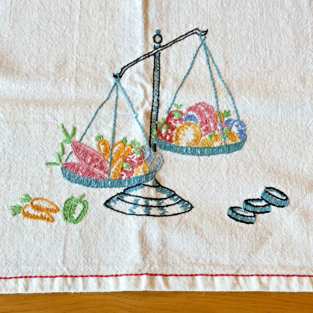Vintage Kitchen Tea Towel Embroidered Fruit Veggies Flour Sack Retro Colorful